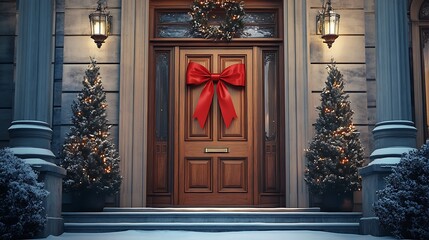 Elegant Front Door with a Giant Red Bow