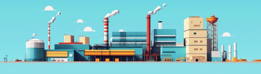 A vibrant illustration of an industrial landscape with factories, smokestacks, and storage tanks under a clear blue sky.