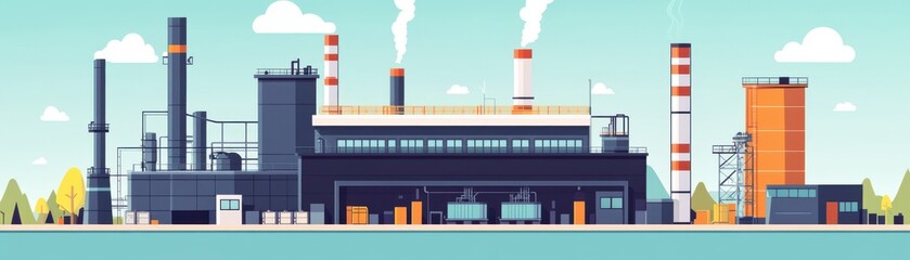 Obraz premium A vibrant illustration of an industrial plant featuring smokestacks and storage, set against a bright blue sky.