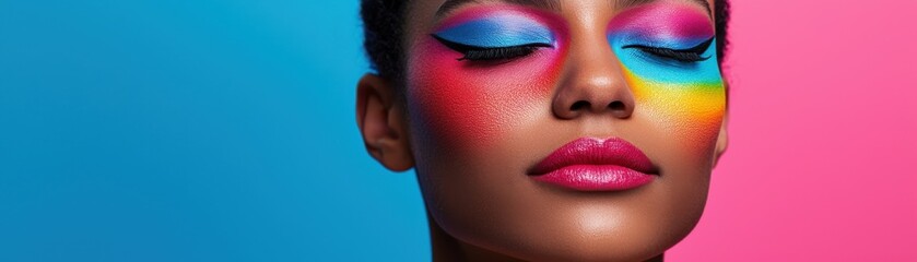 Fototapeta premium A stunning portrait showcasing vibrant makeup with bold colors and artistic design against a colorful background.