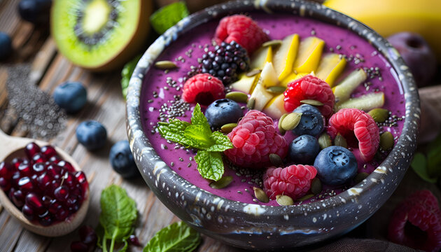 Concept of healthy food with acai smoothie, close up