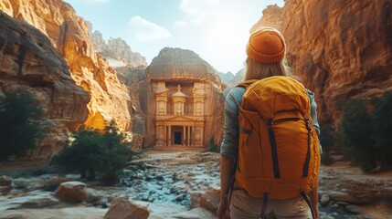 Traveler with backpack exploring ancient Petra site, admiring historic architecture amidst rocky terrain and clear blue sky.