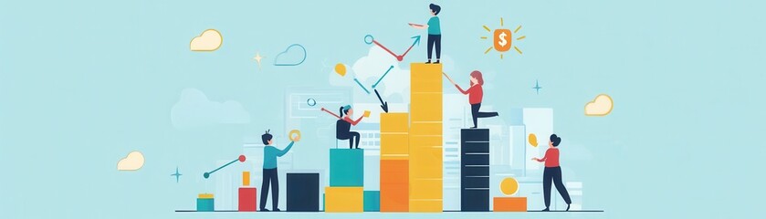 Fototapeta premium A vibrant illustration of teamwork in progress, showcasing individuals climbing and collaborating on growth and success.