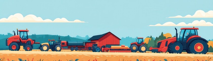 Obraz premium A vibrant illustration of tractors working on a farm, showcasing rural life and agricultural machinery in a beautiful landscape.