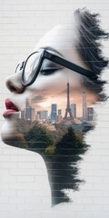 Minimalist graffiti on a white brick wall combining a woman's profile with a Parisian cityscape, blending modern elegance with urban art