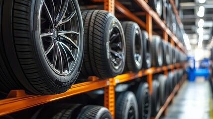 Fototapeta premium Warehouse with rows of stacked tires on orange racks, showcasing automotive storage and organization in an industrial setting.