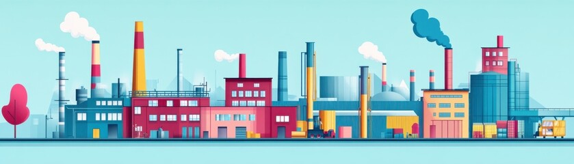Obraz premium A vibrant industrial skyline with colorful factories, smokestacks, and a blue sky, representing modern manufacturing and industry.