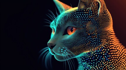 Digital illustration of an abstract cat shining in rainbow colors,the colours comforting and relaxing design