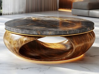 Obraz premium Exquisite modern coffee table featuring a stunning marble top and sleek golden accents showcased in a minimalist contemporary interior design setting