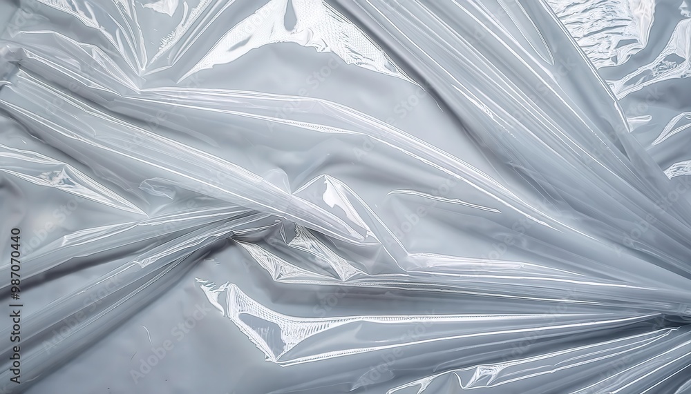 Aufkleber Close-up of Wrinkled Transparent Plastic Sheet with Soft Light Reflection, Creating Subtle Textures and Folds with Tension Points, Ideal for Backgrounds or Environmental Design Concepts
