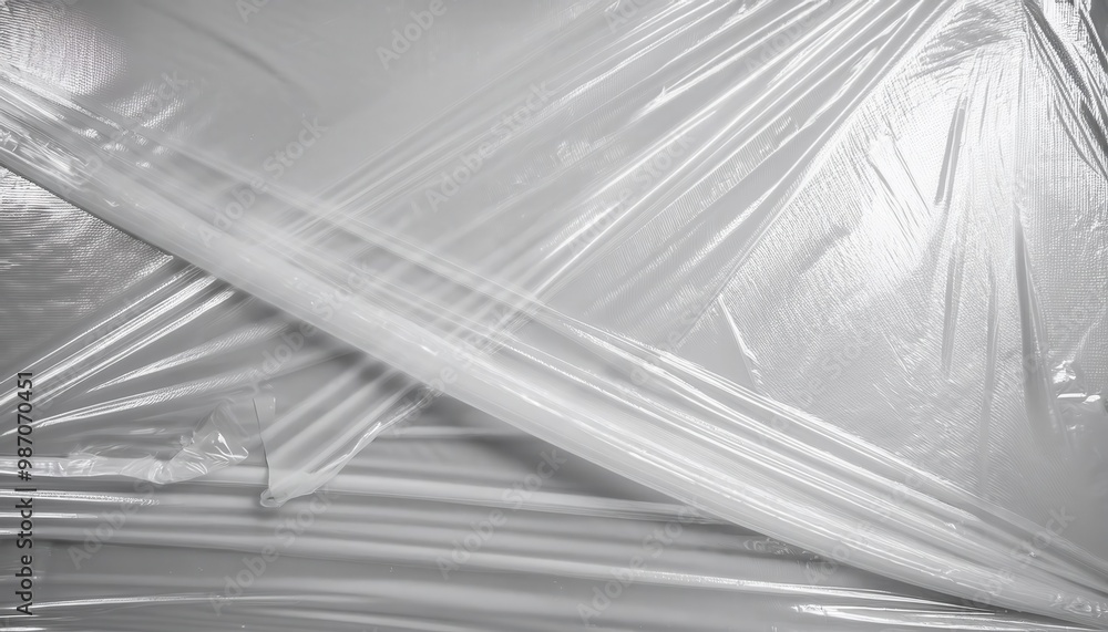 Aufkleber Close-up of Wrinkled Transparent Plastic Sheet with Soft Light Reflection, Creating Subtle Textures and Folds with Tension Points, Ideal for Backgrounds or Environmental Design Concepts