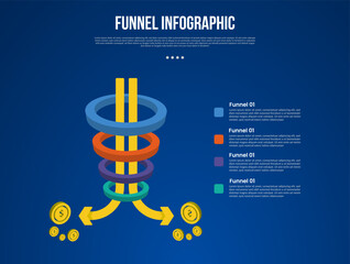 funnel infographic with 3d ring shape arrow line opposite direction with 4 point with dark style for slide presentation