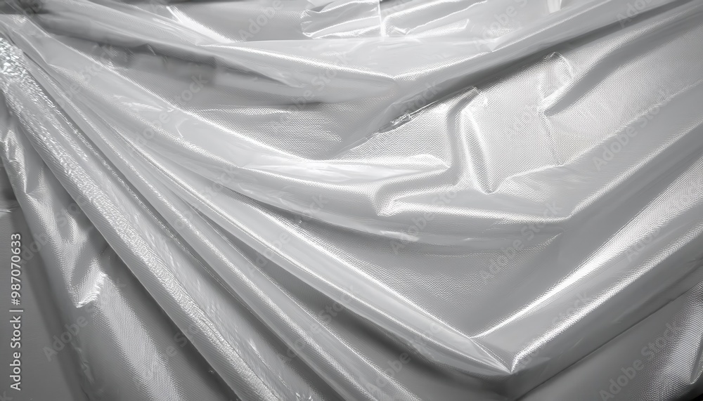 Poster Close-up of Wrinkled Transparent Plastic Sheet with Soft Light Reflection, Creating Subtle Textures and Folds with Tension Points, Ideal for Backgrounds or Environmental Design Concepts