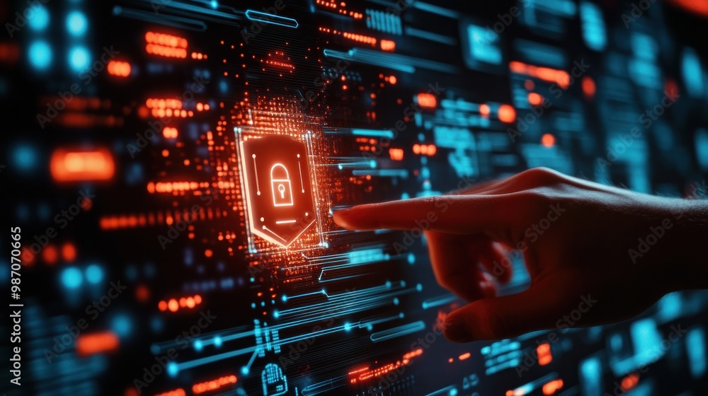 Poster person touching virtual shield, secure access, encrypted connection. password protected system and s