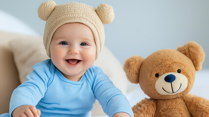 a baby smiling with a plush toy