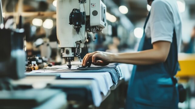 Worker operating an industrial sewing machine in a garment factory, showcasing textile production and manufacturing process in detail.