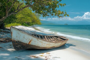 An old wooden boat lies on the beach, half-buried in the white sand. The turquoise water of the ocean laps at the shore.