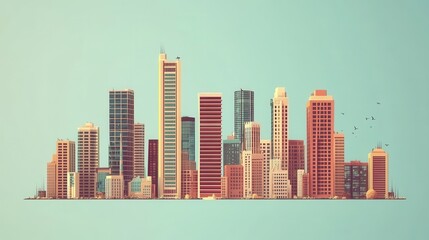 Naklejka premium A vibrant skyline featuring a mix of modern buildings against a soft blue background, showcasing urban architecture and design.