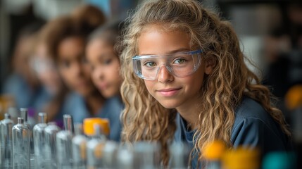 Young girl in science class wearing safety goggles, conducting an experiment with beakers. Group of students in the background.