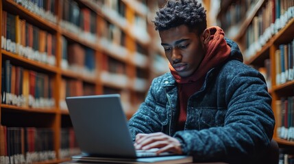 Young man working on laptop in a library, concentrating on his studies amid rows of bookshelves. Focused and determined.