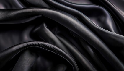 Obraz premium Close-up of Luxurious Black Satin Fabric Drapes with Intricate, Soft Ripples and Subtle Textured Details, Capturing the Elegance and Depth of Light Reflections in a Smooth, Silky Surface