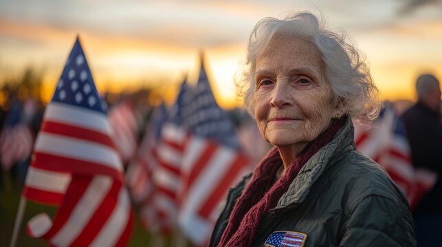Elderly woman with american flags during sunset ceremony