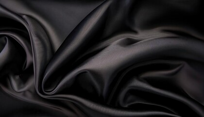 Fototapeta premium Close-up of Luxurious Black Satin Fabric Drapes with Intricate, Soft Ripples and Subtle Textured Details, Capturing the Elegance and Depth of Light Reflections in a Smooth, Silky Surface