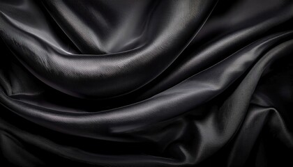 Obraz premium Close-up of Luxurious Black Satin Fabric Drapes with Intricate, Soft Ripples and Subtle Textured Details, Capturing the Elegance and Depth of Light Reflections in a Smooth, Silky Surface