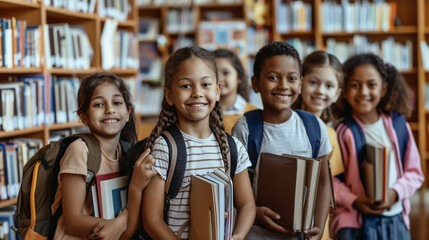 Group of happy children smiling at camera in school library