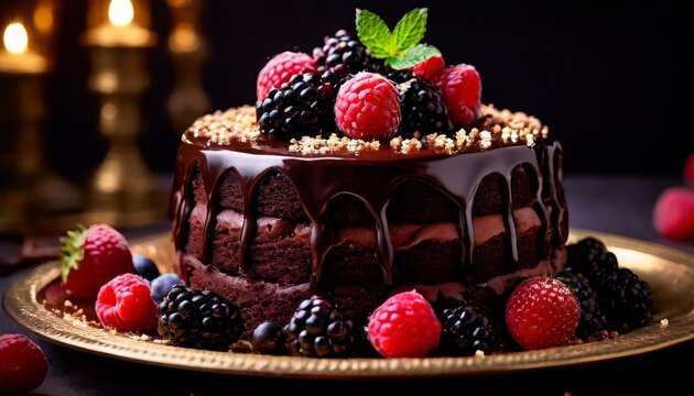 A luscious chocolate cake drizzled with rich ganache, topped with fresh raspberries, blackberries, and a sprig of mint, all set on an ornate gold plate. The candlelit background enhances the elegant - Powered by Adobe