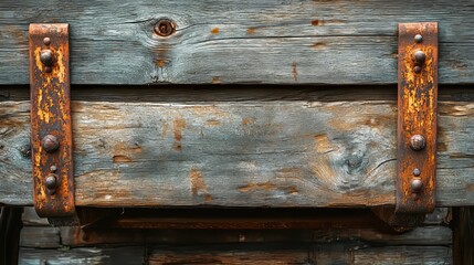 Weathered Wooden Beam With Rusty Metal Brackets