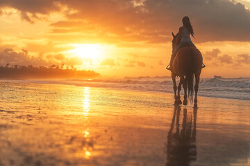 A woman is riding a horse on a beach at sunset. The sky is orange and the water is calm.