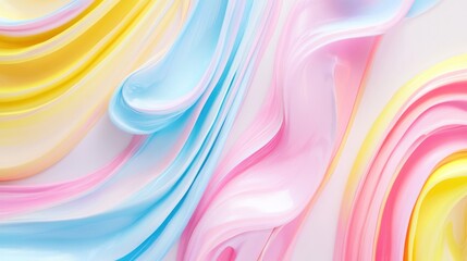 Obraz premium Soft and colorful 3D strokes in pastel pink, sky blue, and lemon yellow, flowing together in a bright, abstract design on a clean white backdrop.