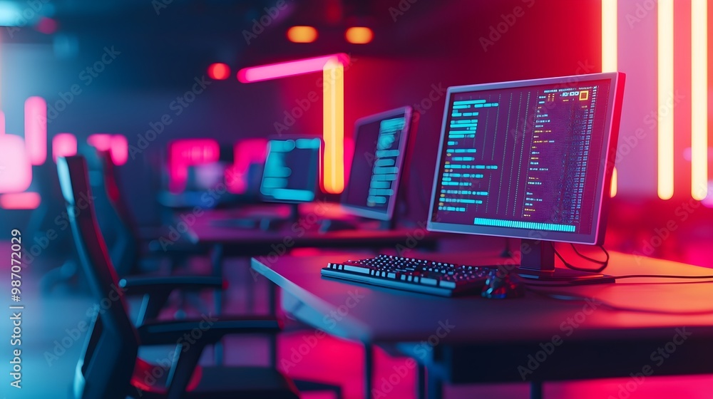 Poster neon lit cyber workspace with computers