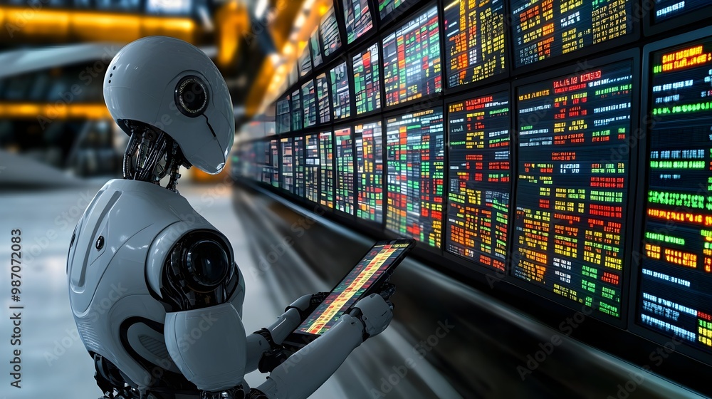 Poster futuristic ai powered robot closely observing and analyzing real time market data and financial anal