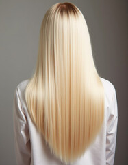 Naklejka premium Smooth, straight blond hair flows elegantly down back, highlighting its healthy shine and uniform color, illuminated by soft lighting, creating striking look. Hair care, the effect of cosmetics. AI