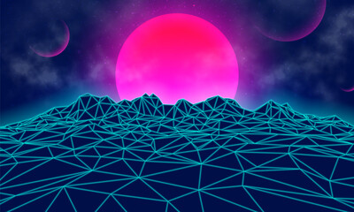 Futuristic landscape with mountains and sunset. 80s retro neon concept. Vector illustration.