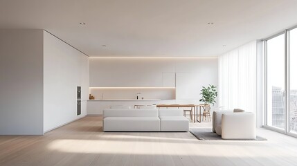 Bright and airy minimalist apartment interior with white walls and comfortable sofa. Elegant living room with natural light coming in from glass windows.