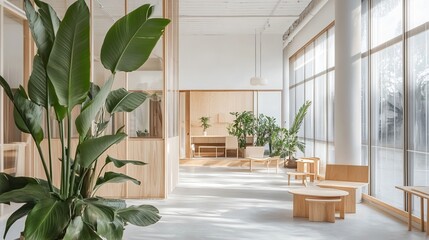 Bright and airy office space with Scandinavian desk, wooden chairs and indoor plants near the glass window © Alpa