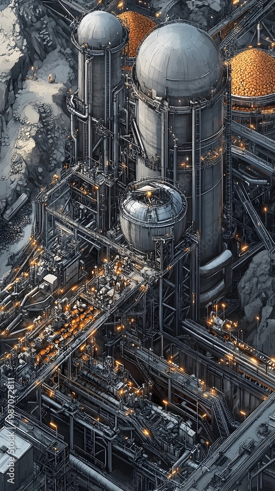 Poster futuristic city metropolis with towering spherical structures domes and intricate digital infrastruc