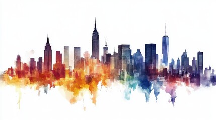 Fototapeta premium A vibrant watercolor skyline of a modern city, showcasing iconic buildings in a burst of color and artistic expression.