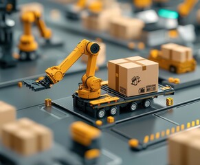 A robotic arm transfers a box on a conveyor, surrounded by packages, illustrating automation in a logistics or warehouse setting.
