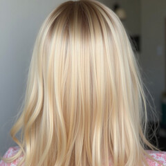 Naklejka premium Smooth, straight blond hair flows elegantly down back, highlighting its healthy shine and uniform color, illuminated by soft lighting, creating striking look. Hair care, the effect of cosmetics. AI