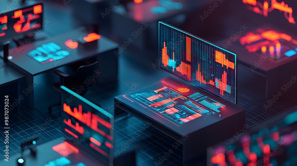 Poster neon lit open office with floating finance data
