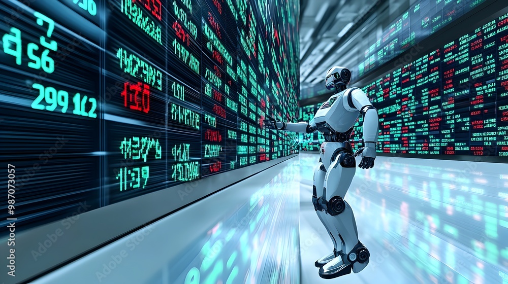 Poster futuristic digital numbers and robotic figures floating in a virtual trading space representing the 