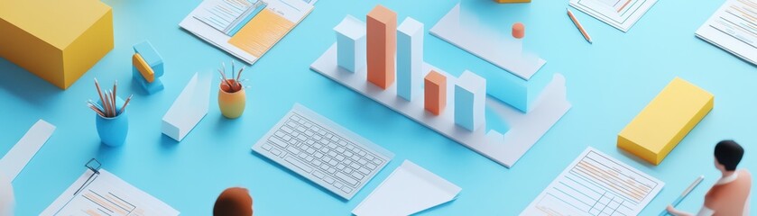 A vibrant workspace featuring charts, graphs, and office supplies, ideal for business presentations and creative projects.