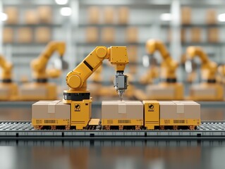 A robotic arm handling packages on a conveyor belt in an automated warehouse, showcasing advanced technology and efficient logistics.