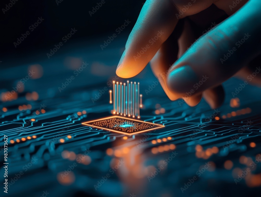 Poster a hand interacts with a glowing microchip on a circuit board, symbolizing advanced technology and in
