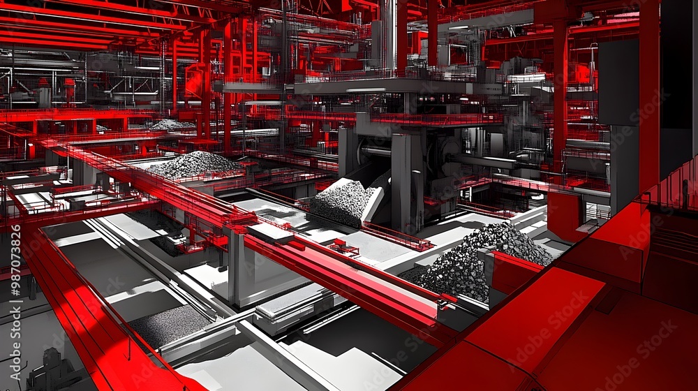 Poster futuristic red metallic digital workspace with advanced technology grid pattern and abstract equipme