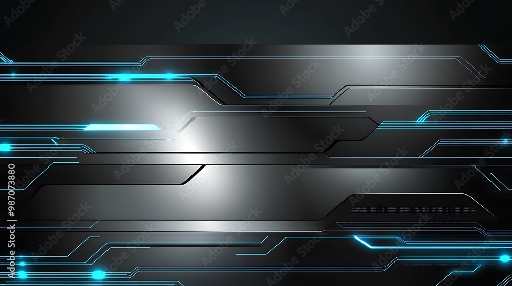 Poster Abstract black and blue digital technology background with glowing lines and shiny metallic texture.